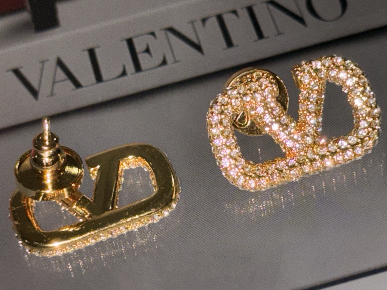Valentino VLogo Pavé Crystal Gold Tone Stud Earrings, Butterfly Back Signed