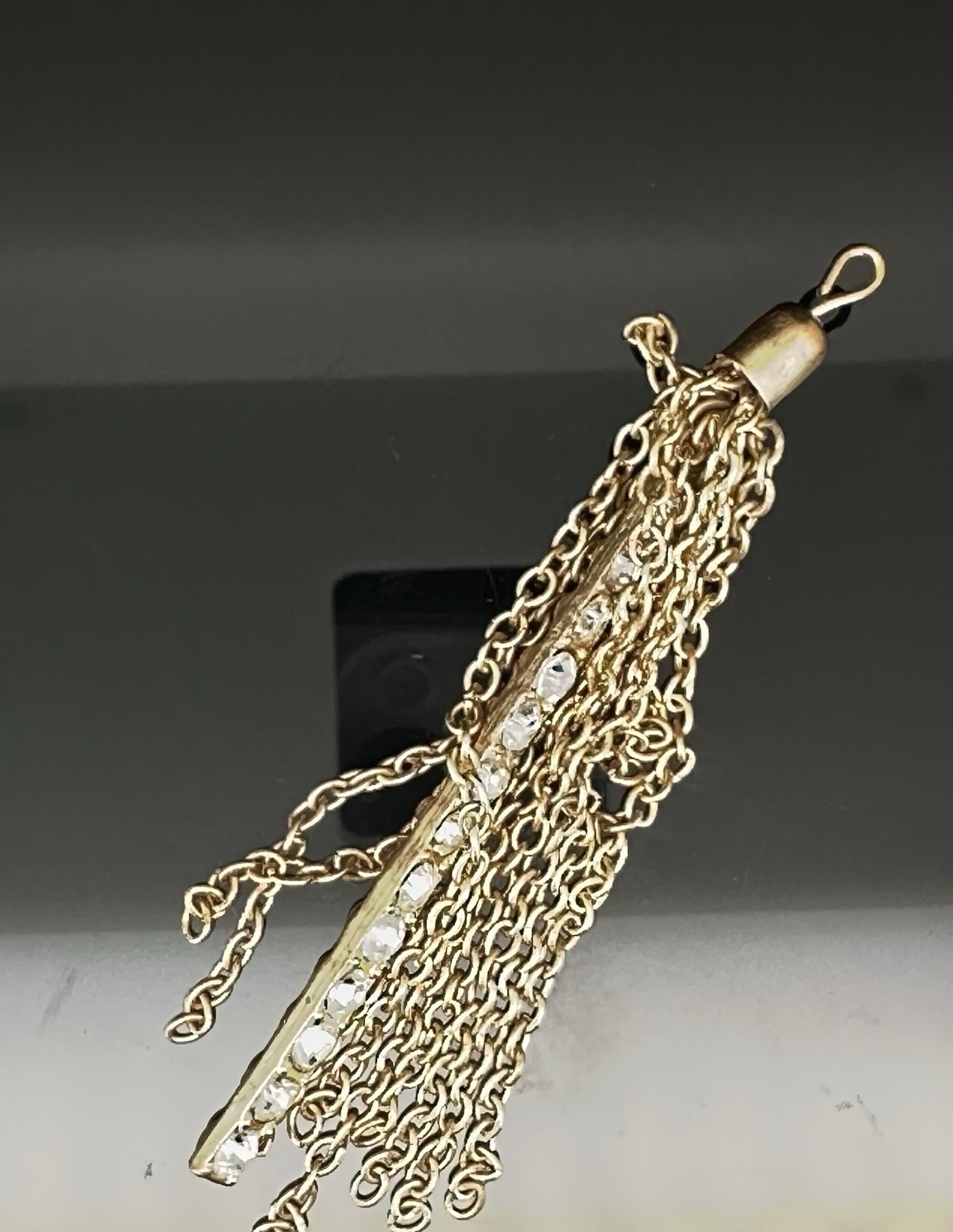 Vintage Gold Tone Rhinestone Vertical Channel Bar Multi Chain Tassel Pendant