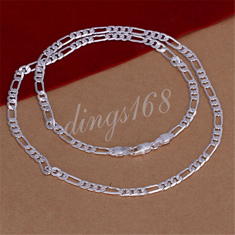 925 Sterling Silver 24 inch Shiny Italian Figaro 4mm Wide Chain Necklace E139