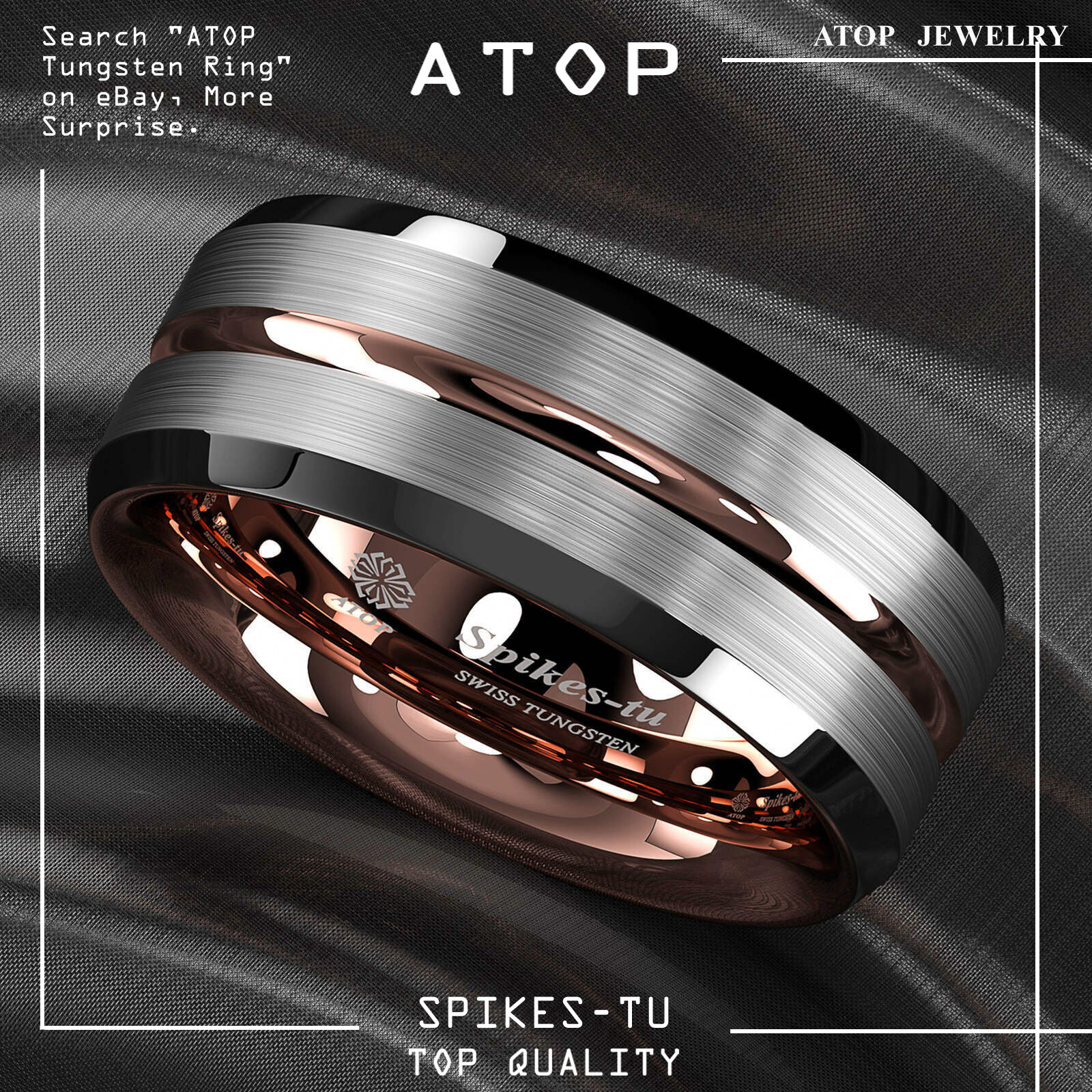 8/6Mm Silver Brushed Plated Metal Rose Gold ATOP Men Tungsten Wedding Band Ring