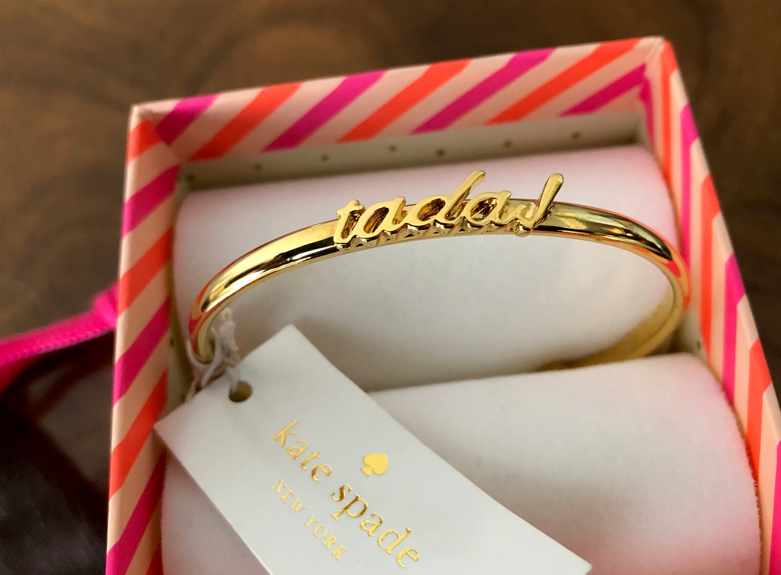 Kate Spade 2018 Say Yes Cursive TADA! Yellow GoldPlate Skinny Open Cuff Bracelet
