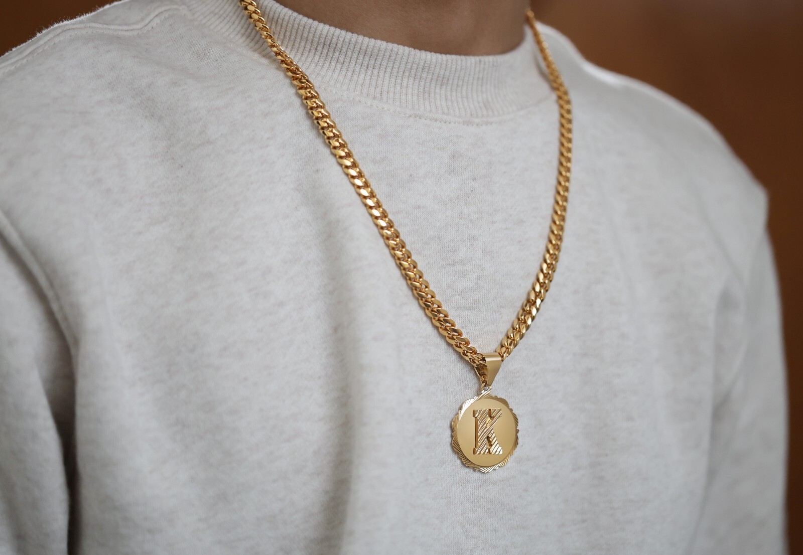 Gold Initial Necklace, 14k Heavy Plated Gold, 7mm Curb Chain For Men