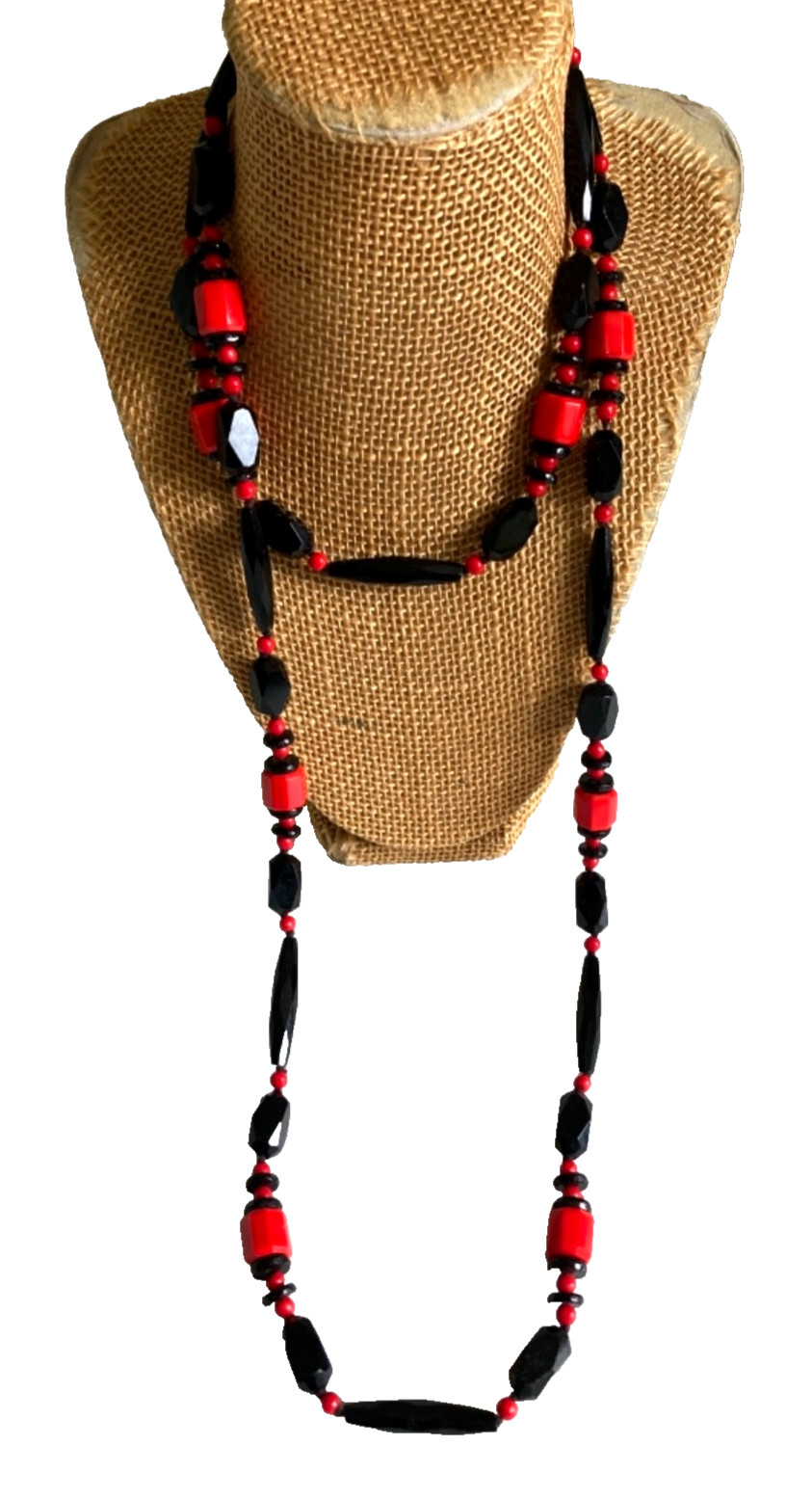 Antique ART DECO Faceted Czech Glass Necklace 50″ Long Red /Black FLAPPER