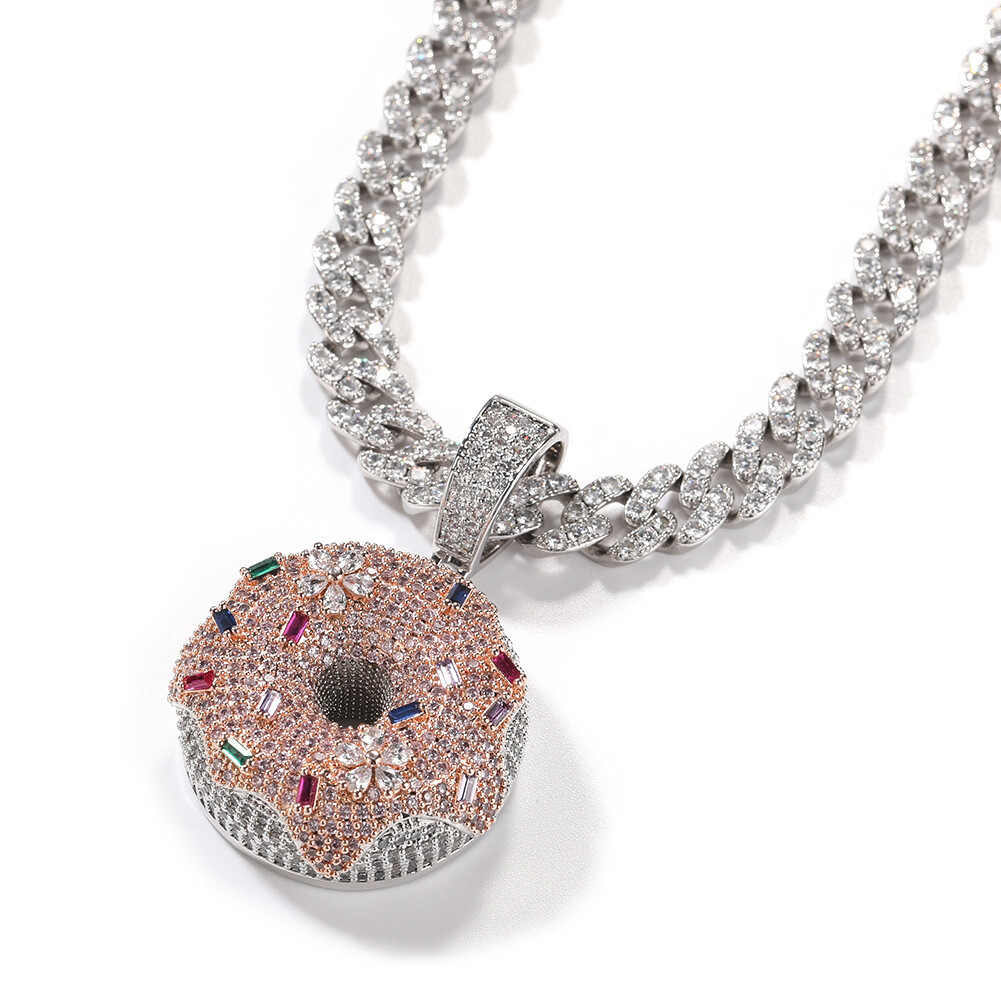 Hip Hop Colorful Donut Pendant Necklace 18k Real Gold Plated Full Zircon Jewelry