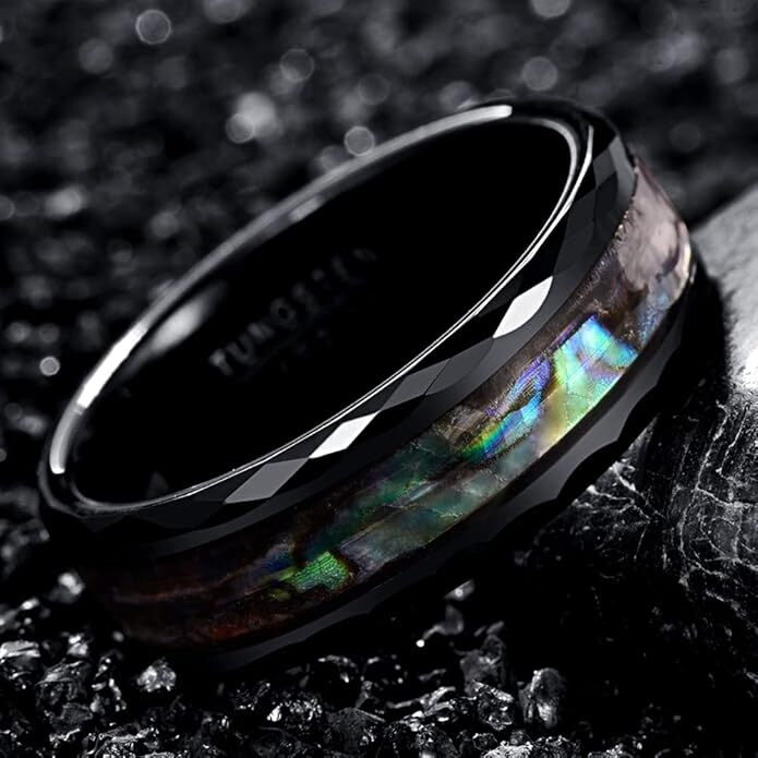 8mm Abalone Shell Men Ring Faceted Tungsten Carbide Wedding Band Comfort Fit
