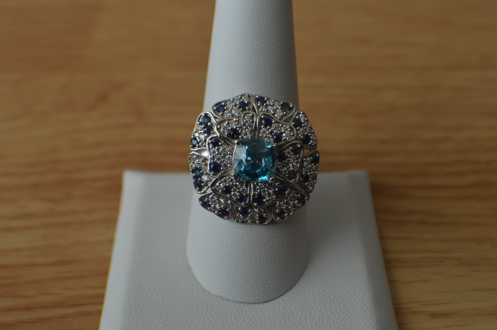4.10ct Cambodian Blue Zircon /Multigem Ring Rhodium Plated over Fine Silver Sz 9