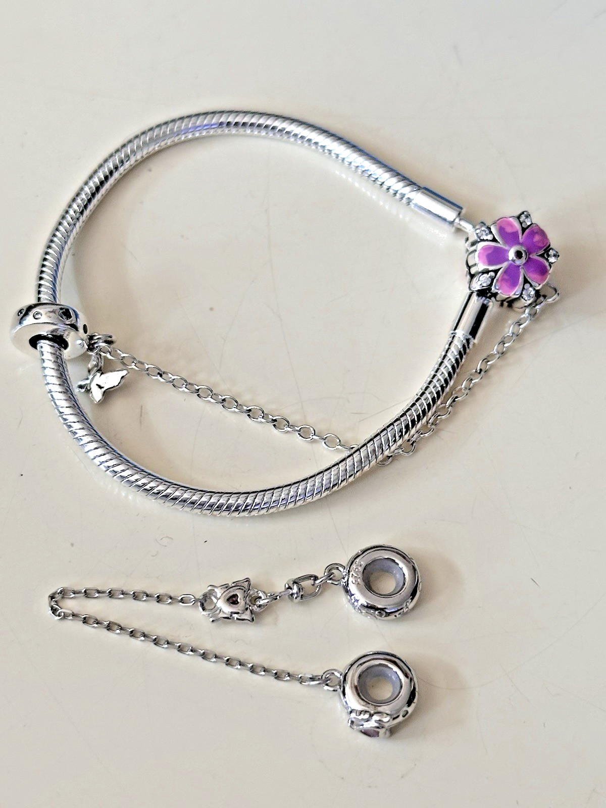 2 PANGAMA SILVER BRACELET PURPLE FLORAL CHARM WITH SAFETY CHAIN + EXTENSION NEW