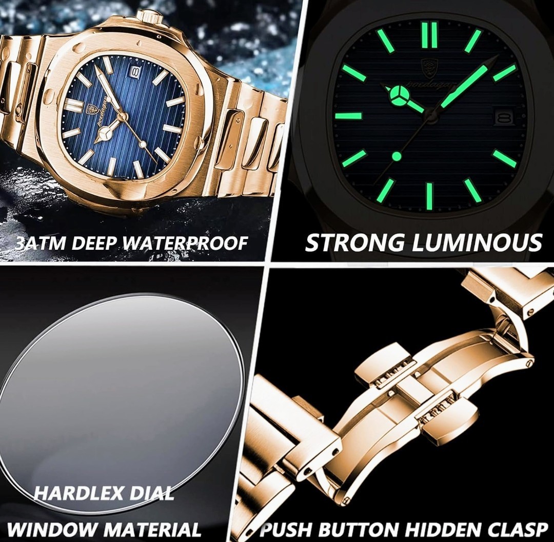 Poedagar Mens Luxury Quartz Watch Waterproof Stainless Steel Rose Gold Square