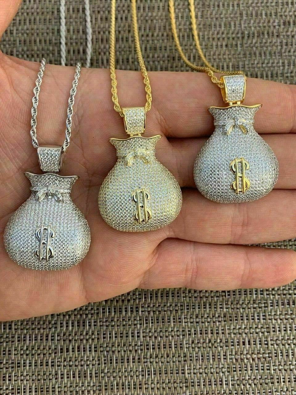 Solid 925 Silver 14k Gold Plated Money Bag CZ Dollar Sign Hip Hop Necklace