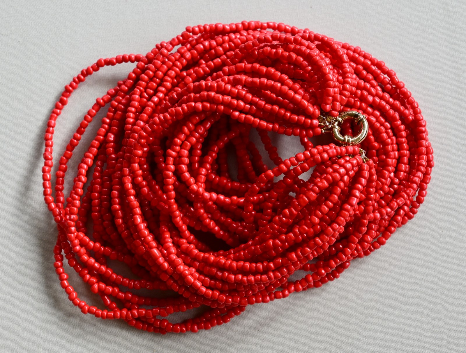 Bright Crimson Red Glass Seed Bead Twenty Tier Beaded Statement Necklace