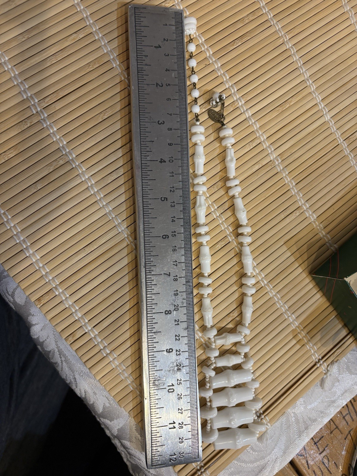 Vintage MIRIAM HASKELL White Bamboo Beaded Necklace Bib Ladder 12” Signed