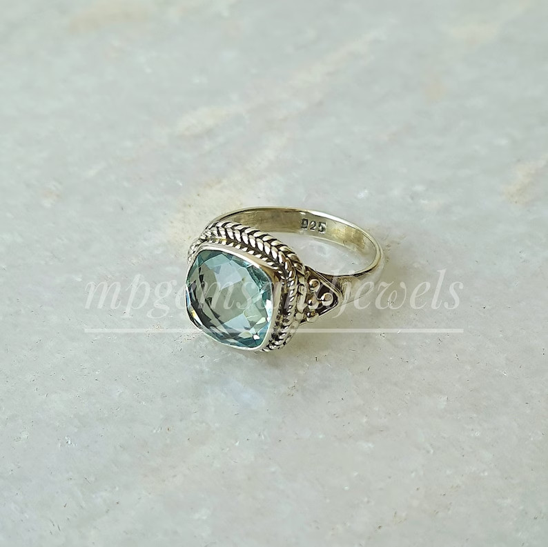 Natural Aquamarine 925 Sterling Silver Band& Statement Ring Handmade All Size