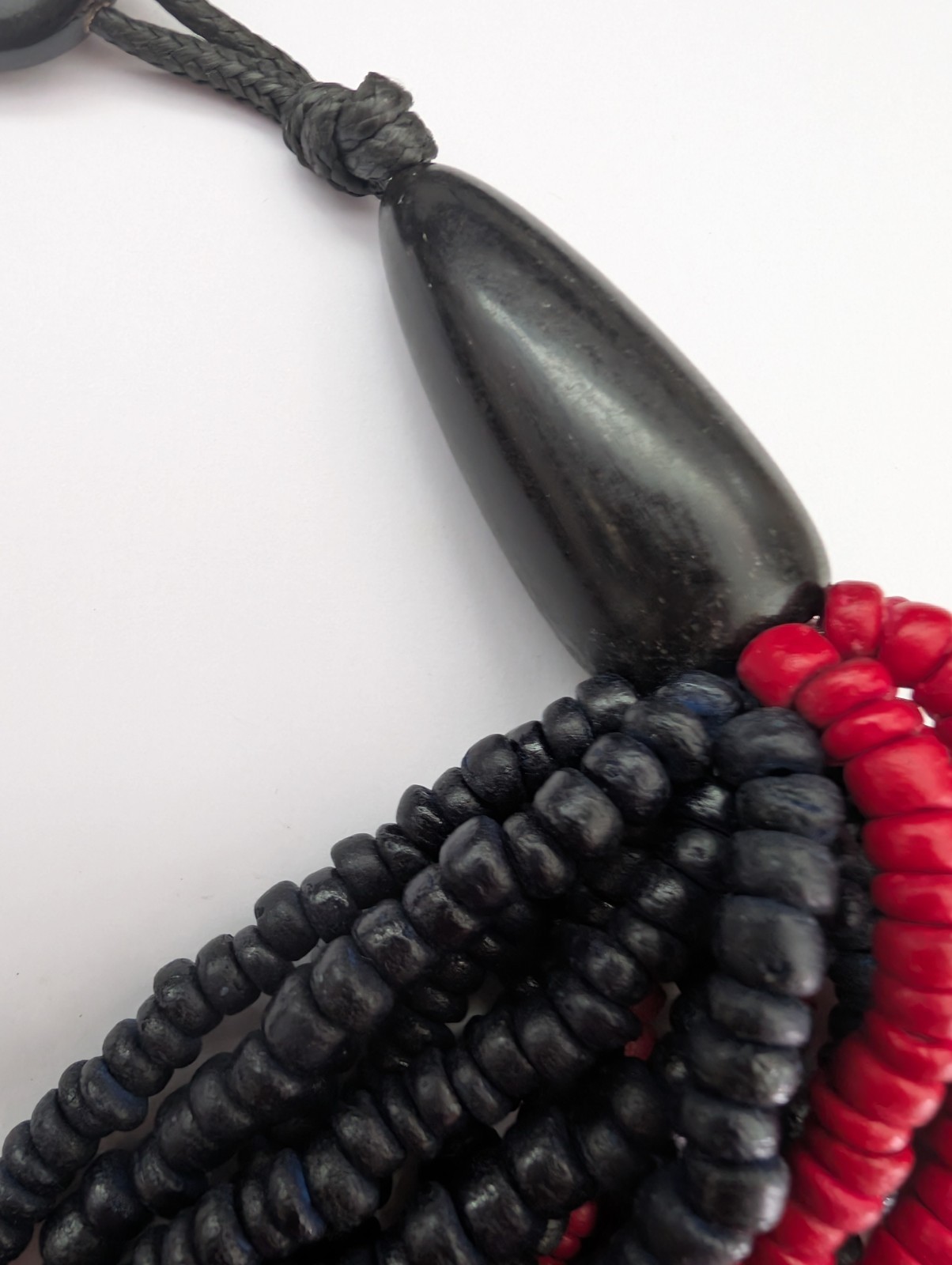 Chunky red black dyed wood multi strand none metal statement toggle necklace