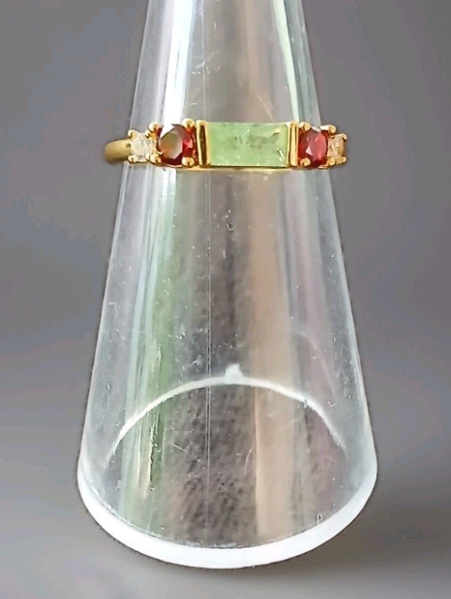 Gold Tone Ring Green Baguette Crystal & Red Crystal Prong Set With White Synthet