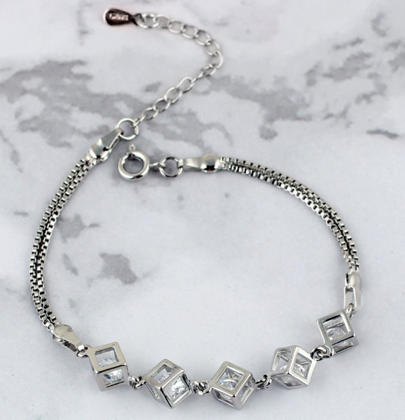 Sparkly Zircon Square Cube Double Box Chain Splice Silver Plated Alloy Bracelet