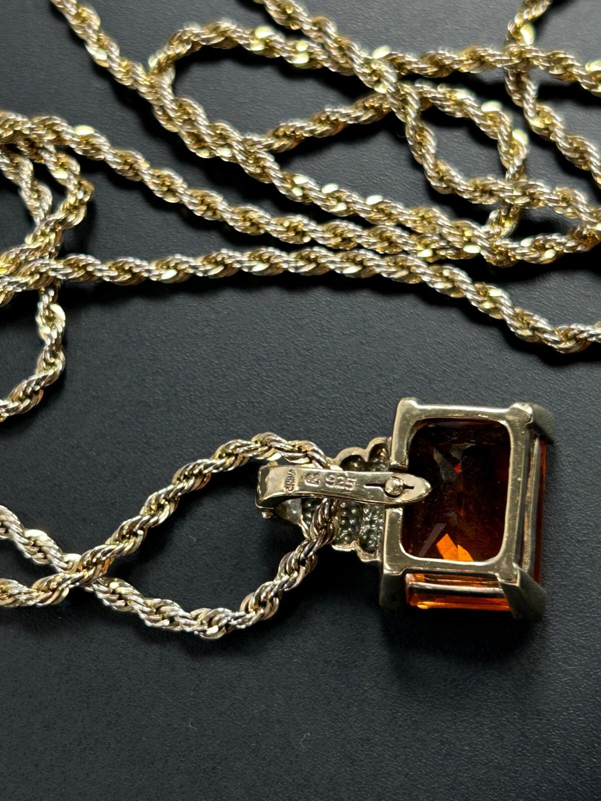 925 Sterling Silver Gold Vermeil Chain Necklace Orange Glass Pendant Statement