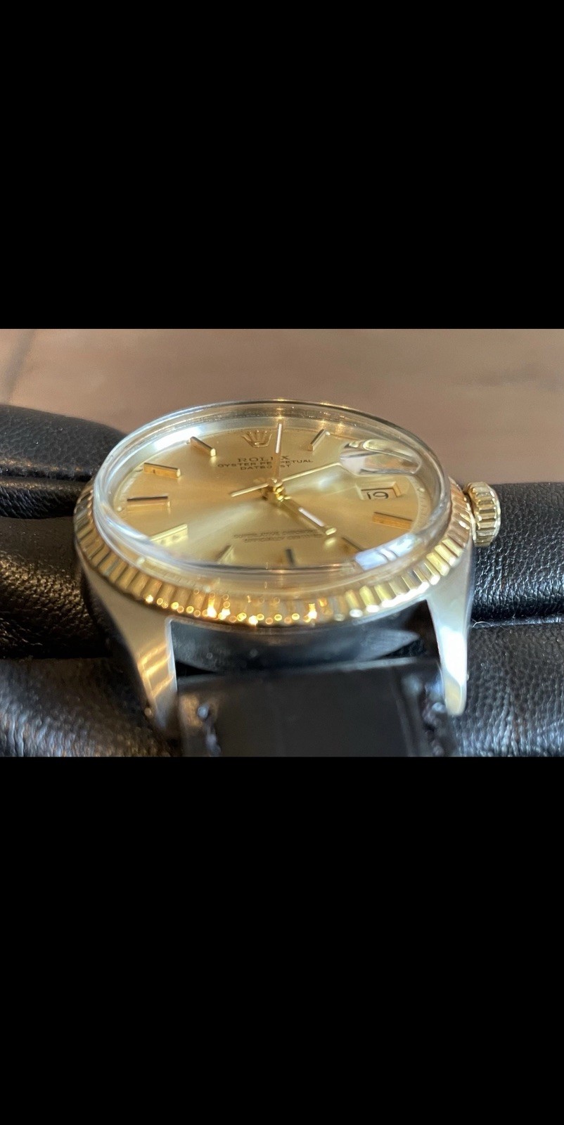 Rolex Date 1601 Mens Stainless Steel 18K Gold Watch Leather Band Champagne Dial