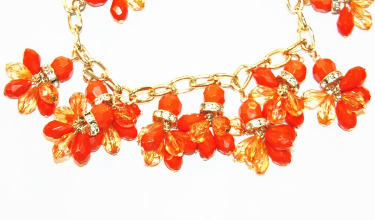 Bright Orange Floral 20″ Necklace Earrings Set Fashion Costume Jewelry New jxbd