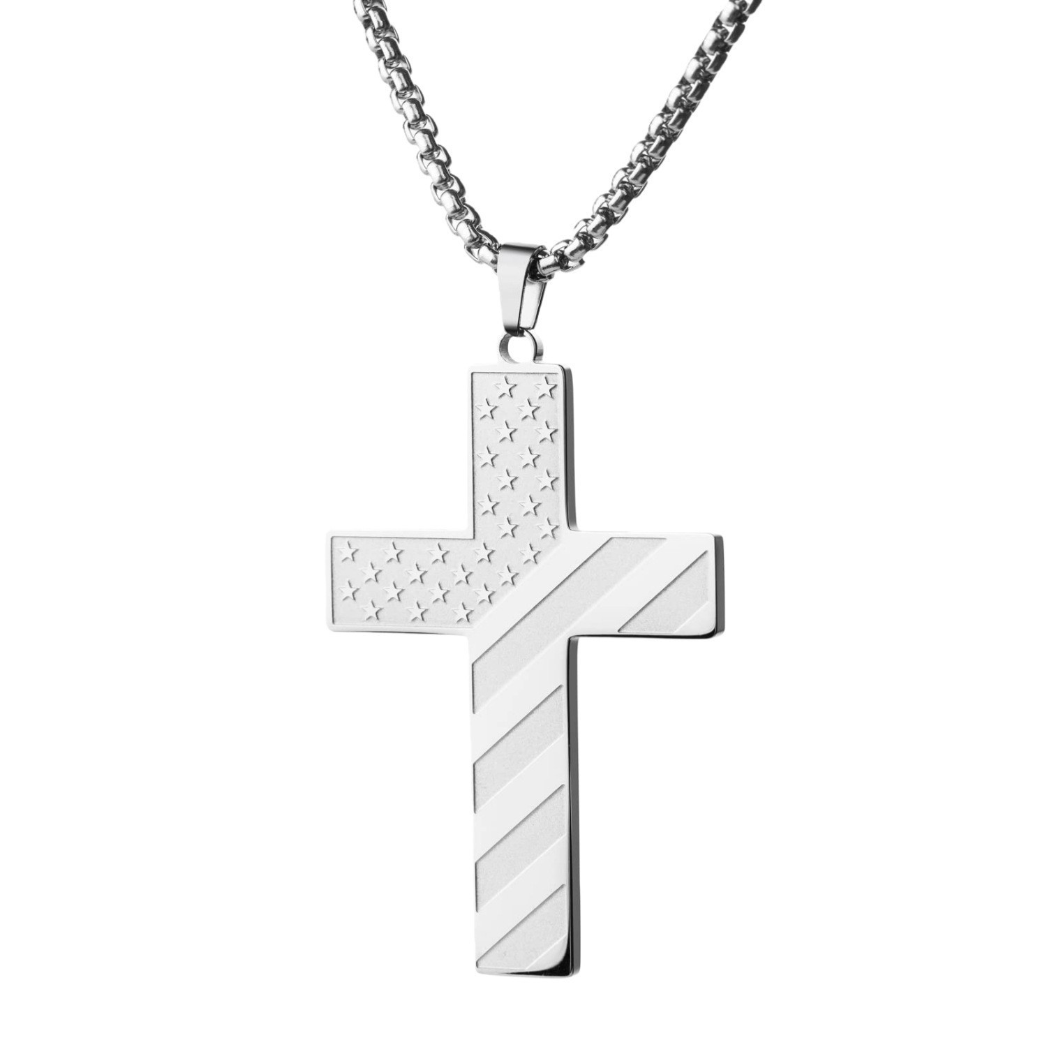 316L Stainless Steel Silver Black Patriotic American Flag Cross Pendant Necklace