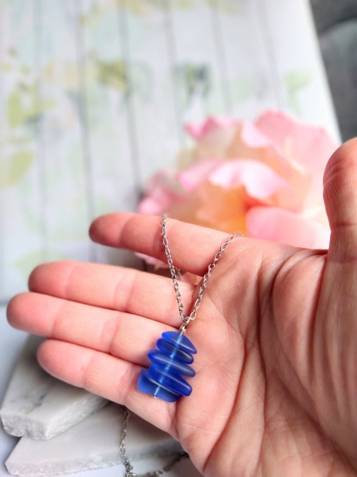 Cobalt Blue Stacked Sea Glass Beach Pendant Necklace, Stainless Steel, Ocean
