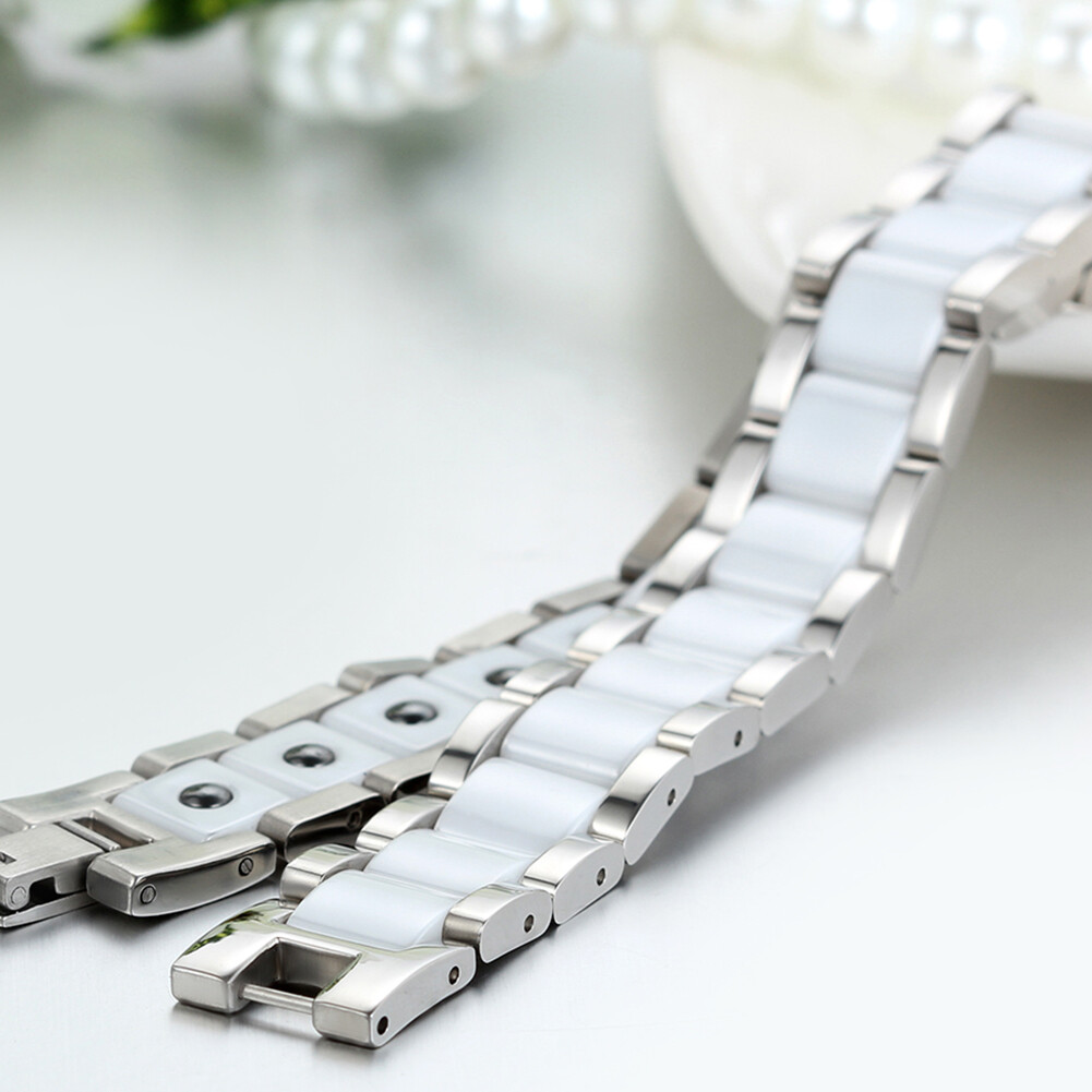 Men’s Wide Ceramic Link Stainless Steel Health Power Therapy Magnetic Bracelet