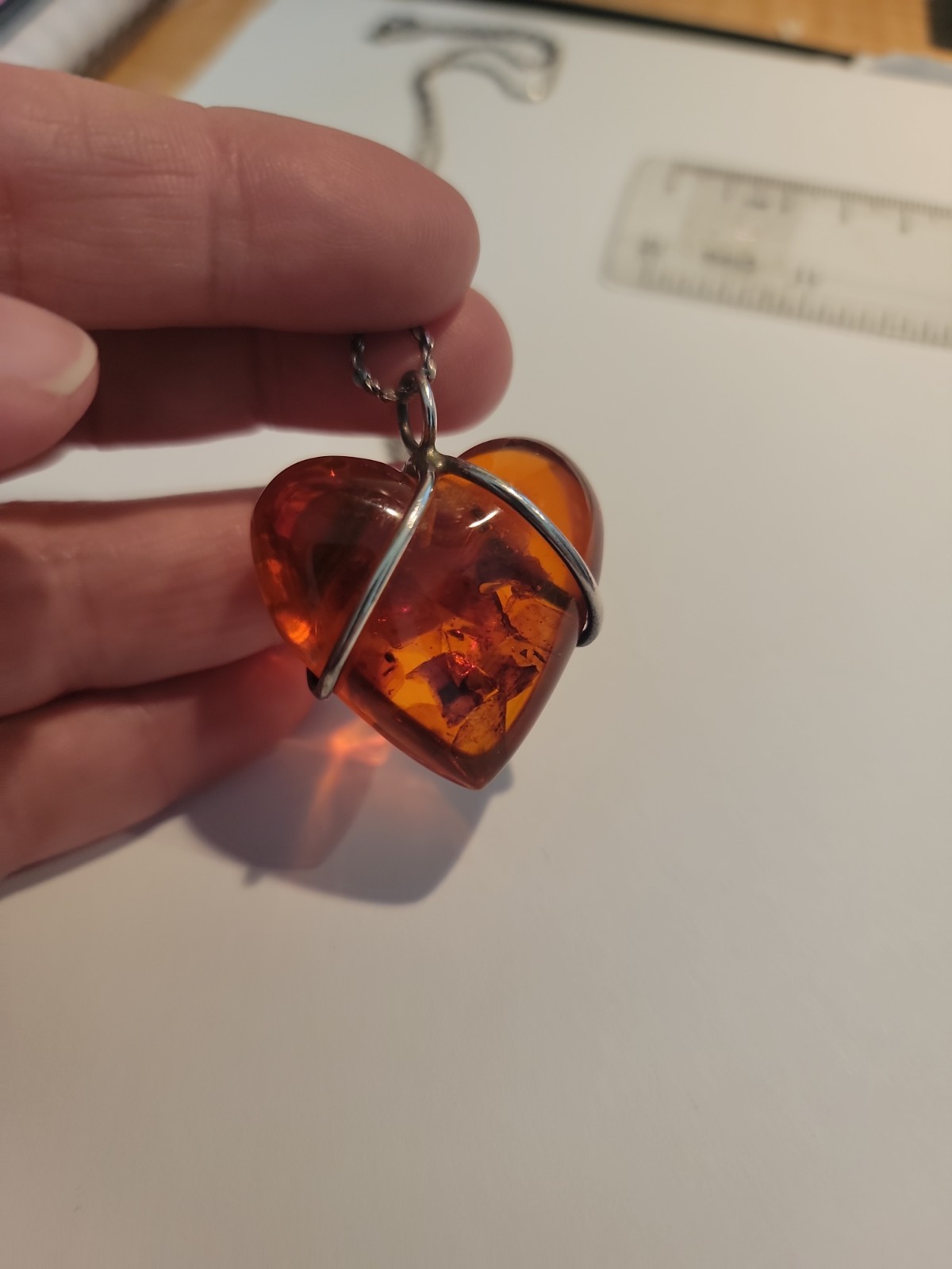 Vintage Sterling Silver & Amber Puffy Heart Pendant 925 Necklace Box Chain Italy