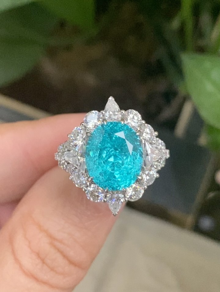 4.45 CT Oval Cut Paraiba Tourmaline & Diamond Engagement Ring 14K White Gold