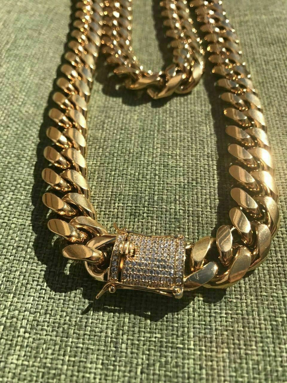 Miami Cuban Link Chain 18k Gold Plated Stainless Steel 14mm CZ Clasp Big Hip Hop