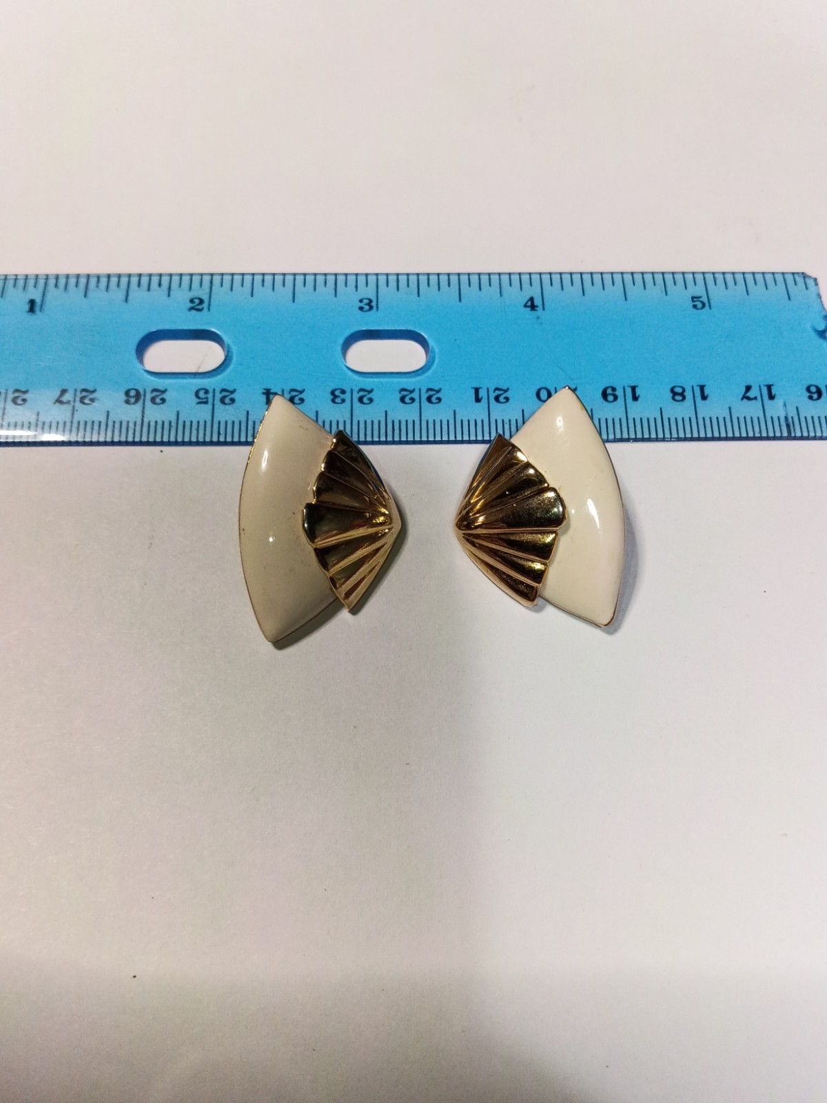 White/Gold Tone Enamel Fan Shell Stud Earrings, Butterfly Back, Asymmetrical