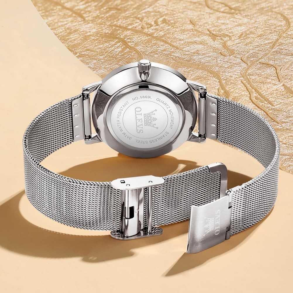 Ultra-Thin Silver Ladies Watch – Stylish Waterproof Mesh Strap with Date Display