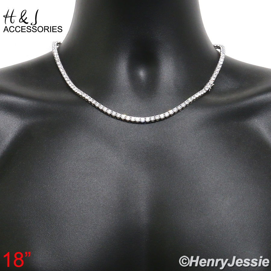 16″-30″MEN 14K WHITE GOLD PLATED 4MM BLING CZ 1 ROW TENNIS CHAIN NECKLACE*BN2