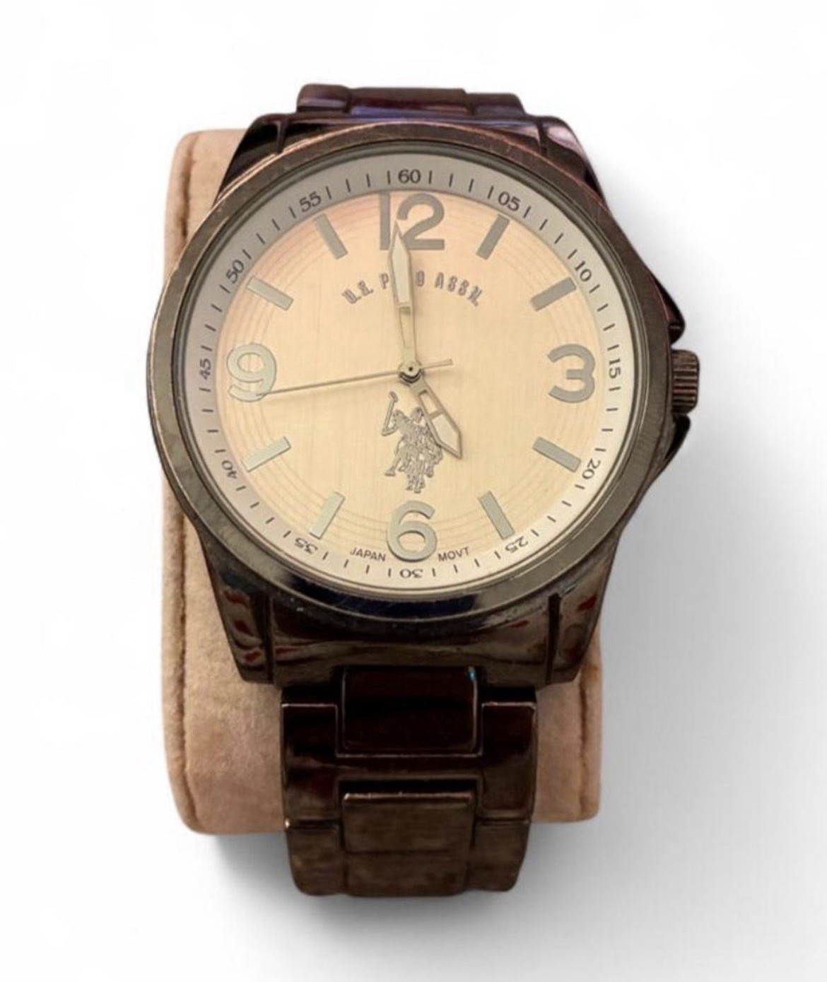 U.S. Polo Assn. Mens Quartz Analog Watch Beige Dial Brown Metal Bracelet