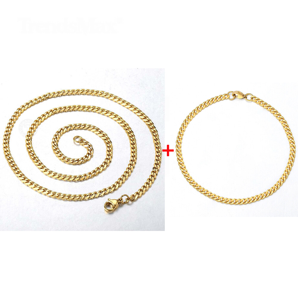 3MM Gold Plated Stainless Steel Curb Chain Necklace Bracelet Jewelry Set 7-30IN