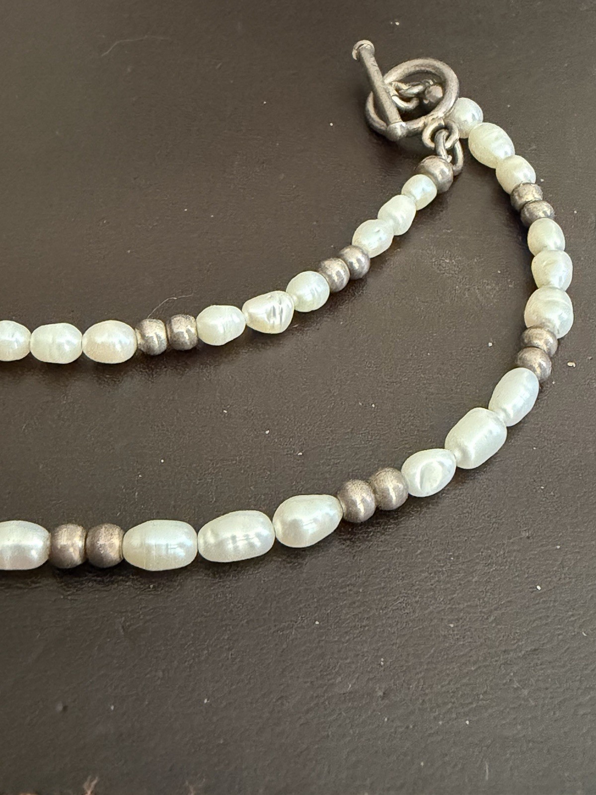 Sterling Silver 925 White Pearl Beaded Necklace 16”, Toggle Clasp, Signed