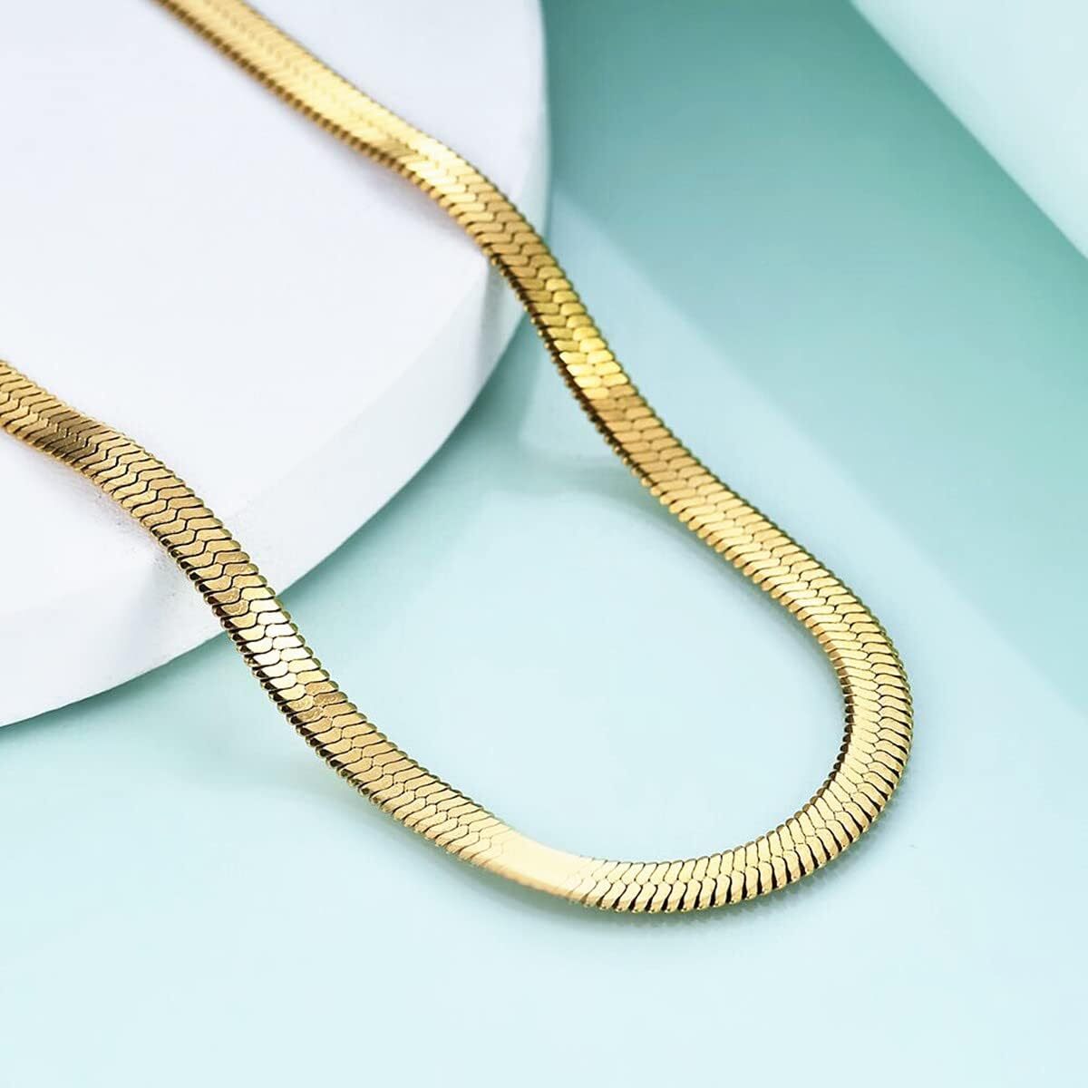 Gold Tone Clavicle Chain Flat Snake Bone Herringbone Choker Neck Necklace Chain
