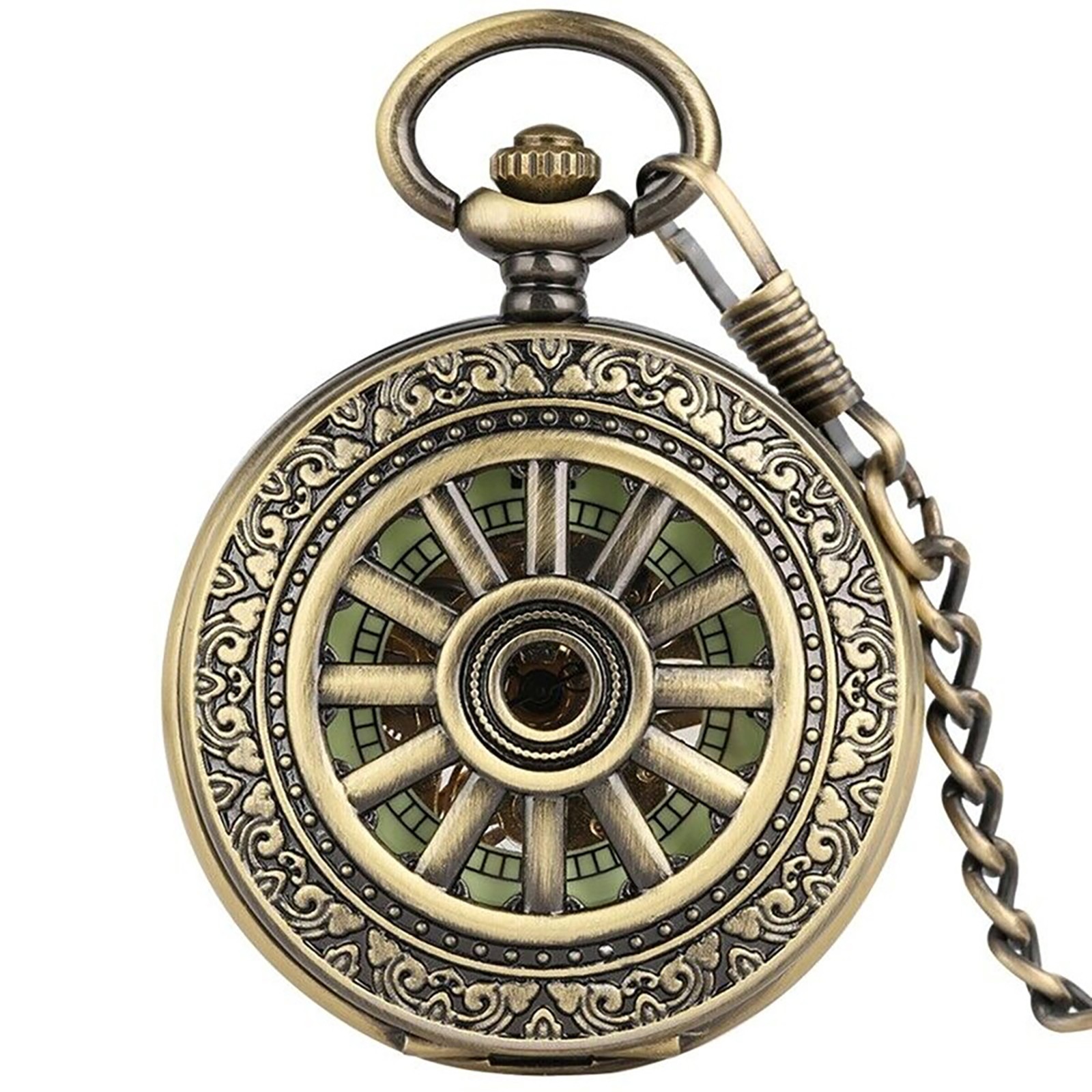 Luxury Classic Mechanical Black Steampunk Skeleton Pocket Watch with Chain