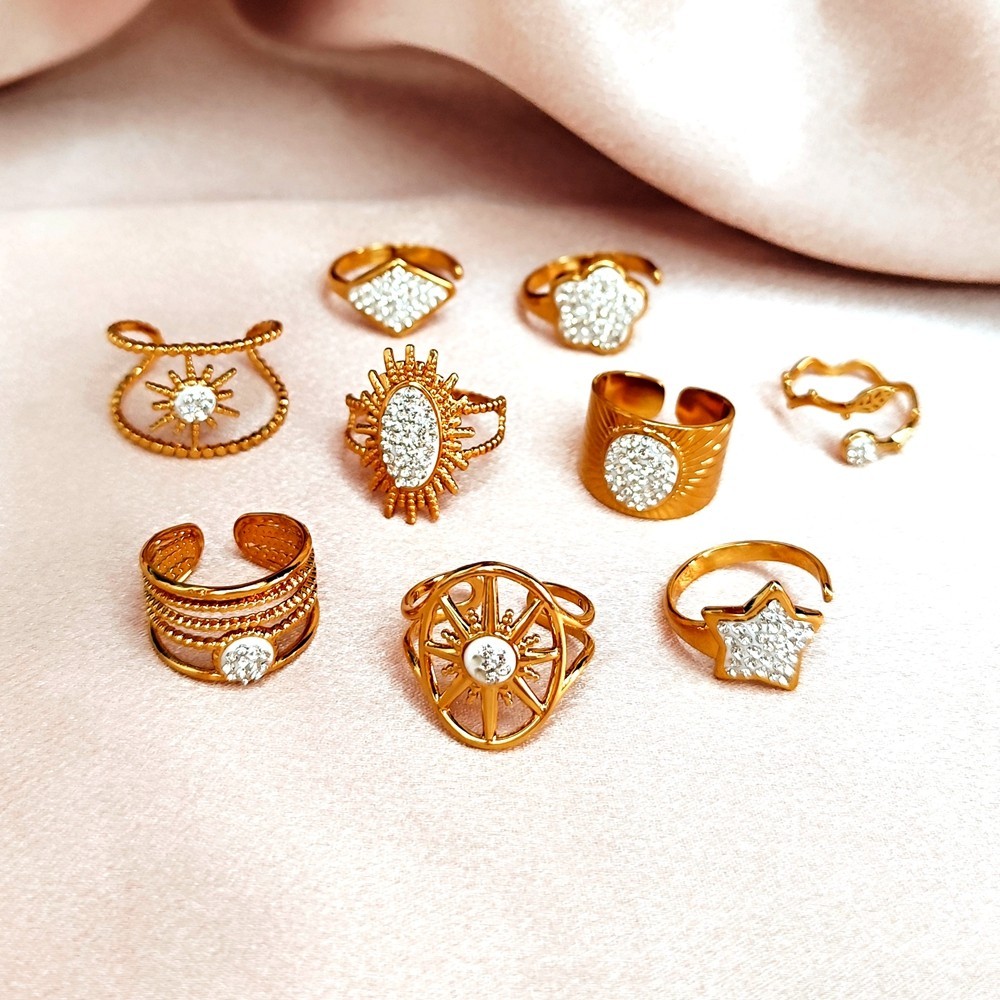 20Pcs Luxury Gold Full Zircon Ring For Women Assorted Style Stainless Steel Ring