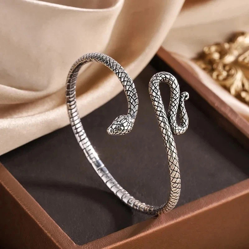 Women Bracelet Retro Snake Punk Elegant 925 Sterling Silver Cuff Vintage Bangle
