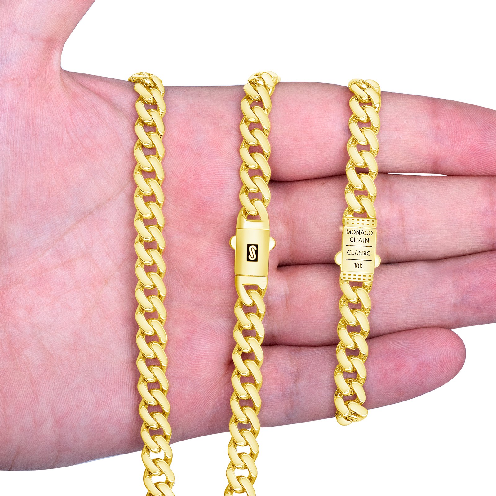 10K Yellow Gold Miami Cuban 7.5mm Monaco Link Chain Necklace Men Women 16″- 30″