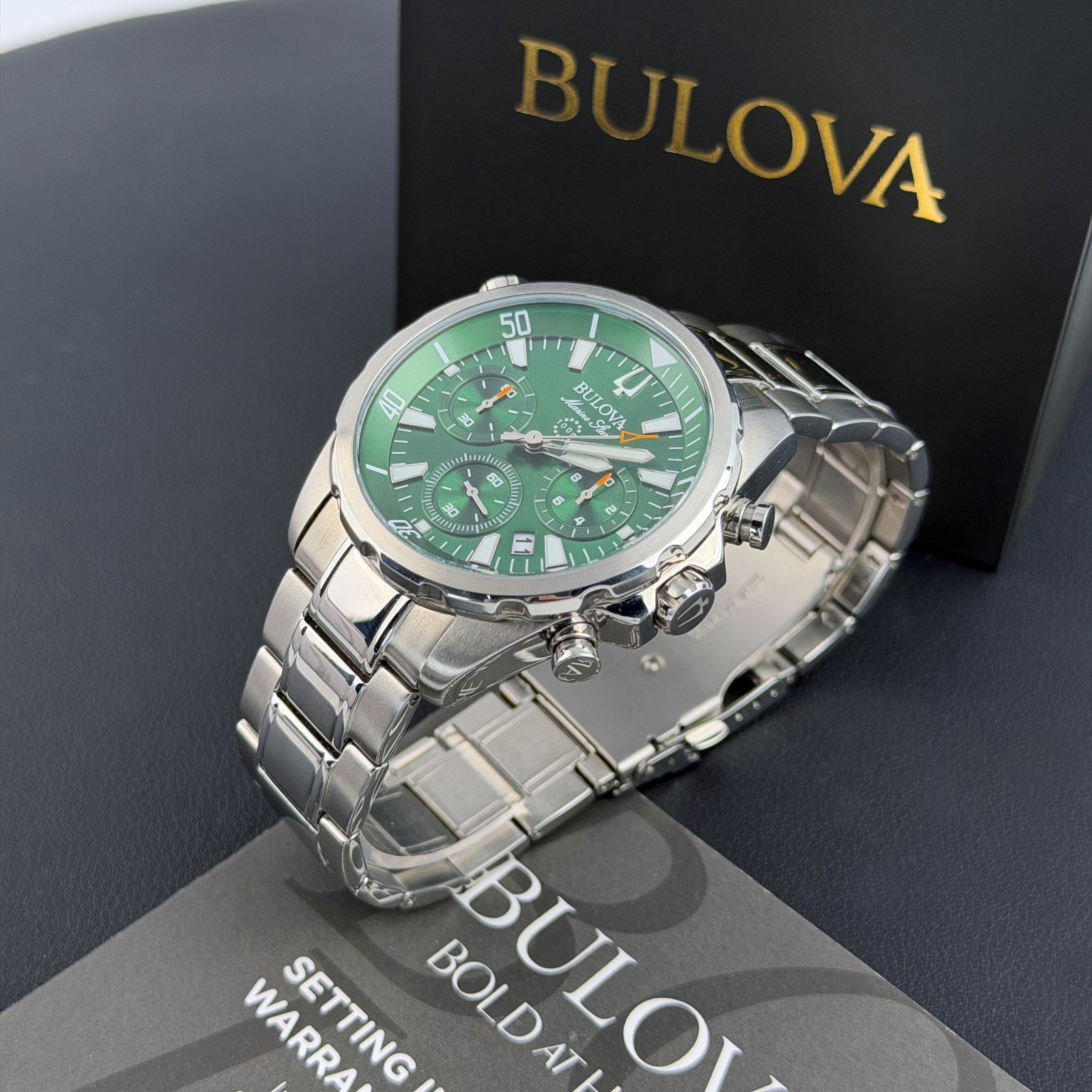Men’s Bulova Marine Star Green Dial Chronograph 96B396 Quartz New Watch 43mm