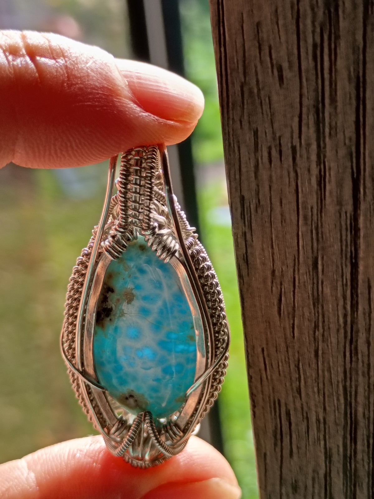 Larimar and Red Spinel Sterling Silver Pendant Wire Wrap Jewelry Double sided