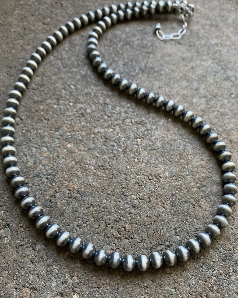 6mm 14 Inch 925 Sterling Silver Oxidized Pearls Bead Necklace Southwestern
