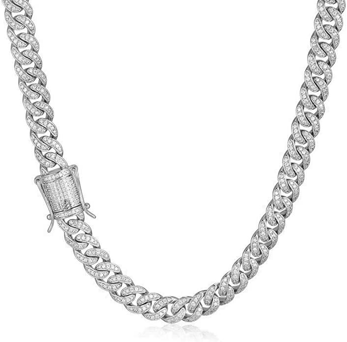 8mm White Gold Plated Stainless Steel Miami Cuban Link Bracelet Chain Necklace