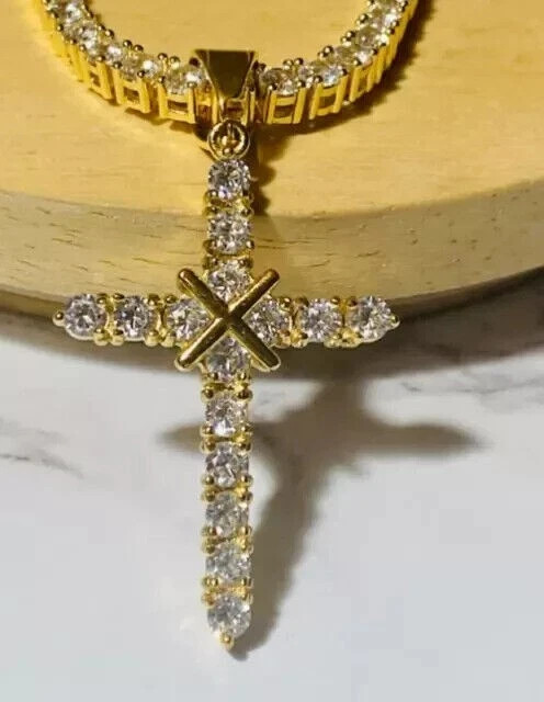 2 Ct Round Cut Real Moissanite Men’s Cross Charm Pendant 14K Yellow Gold Plated