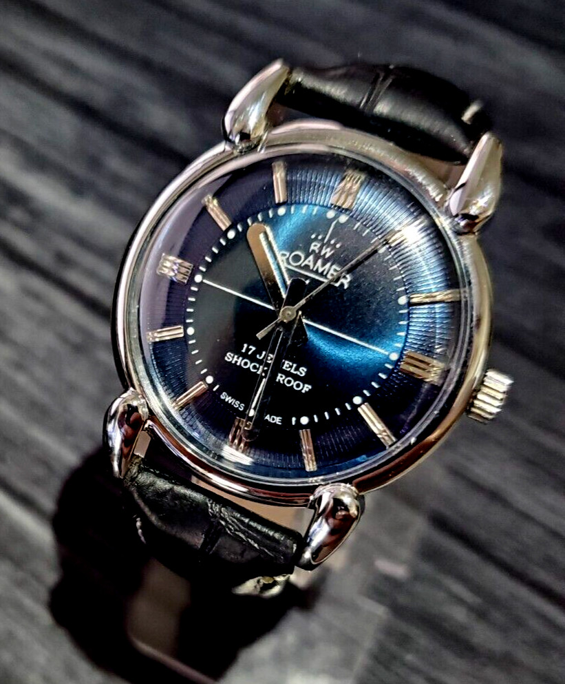 Rare Roamer Brevete Swiss Mens Mechanical Watch Blue Burst Serviced Runs Perfect