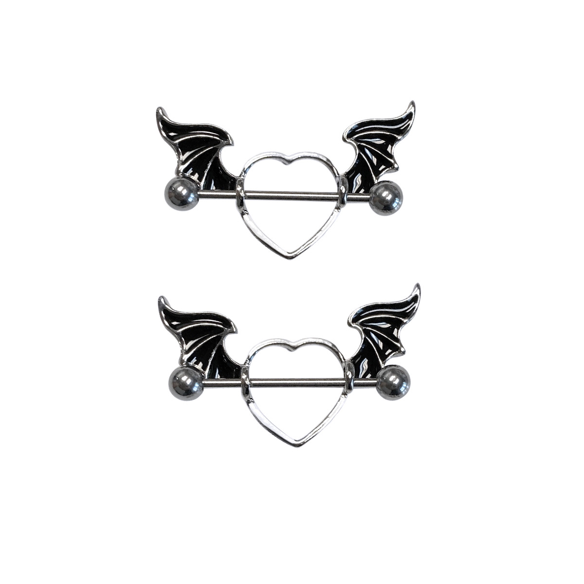 Nipple rings Barbells surgical steel Heart wings design Sold as a pair