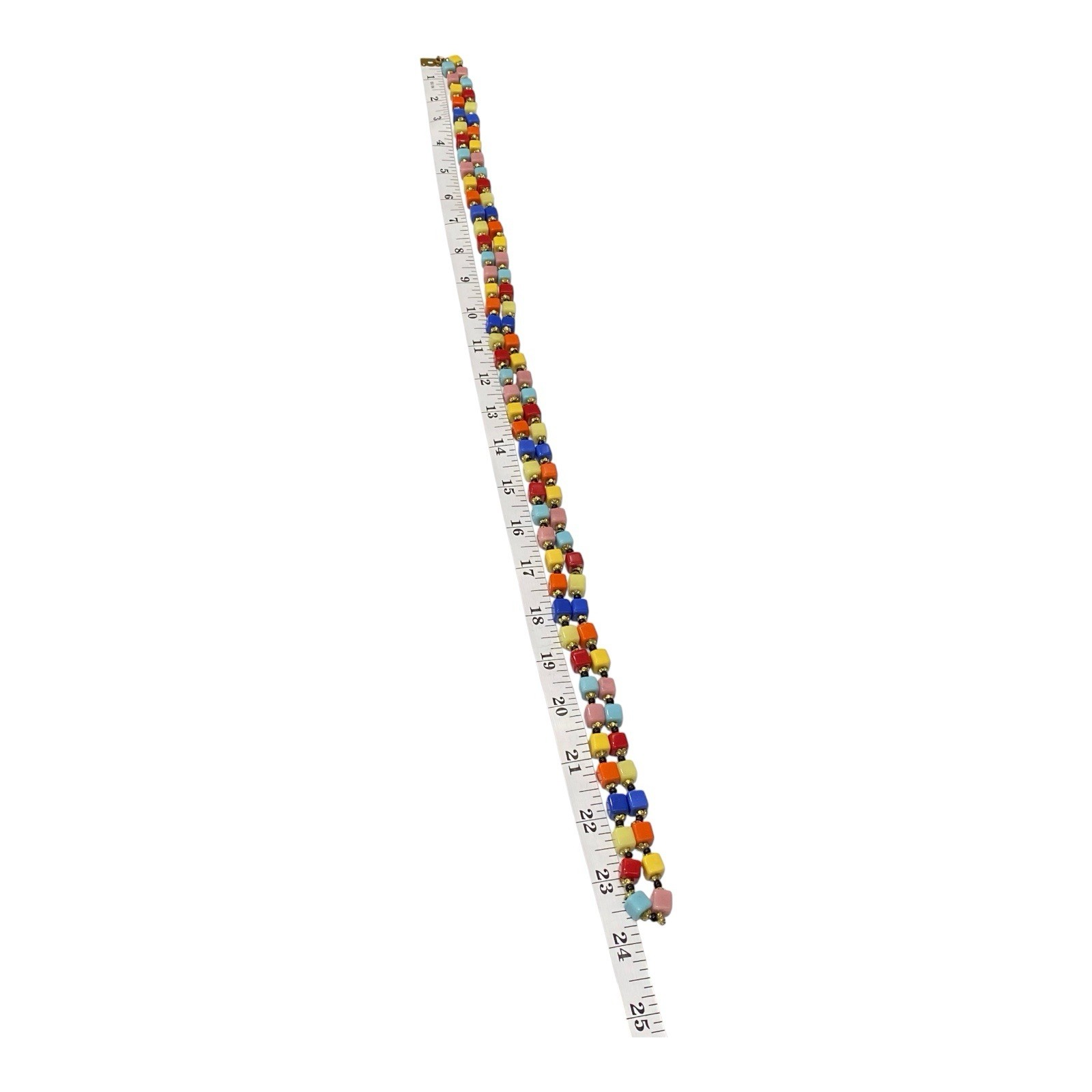 Vtg 1930s Czech Harlequin Glass Cube Bead Flapper Rope Necklace Art Deco 49″