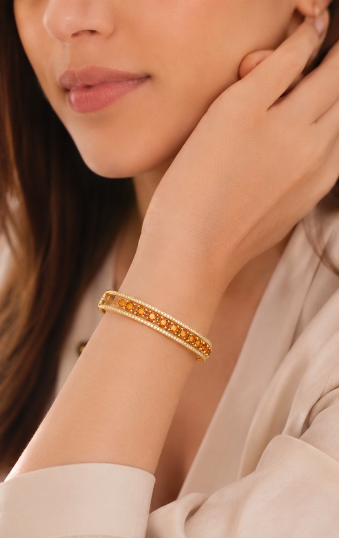 Natural Citrine Cuff Bracelet 925 Sterling Silver 14K Gold Plated Moissanite