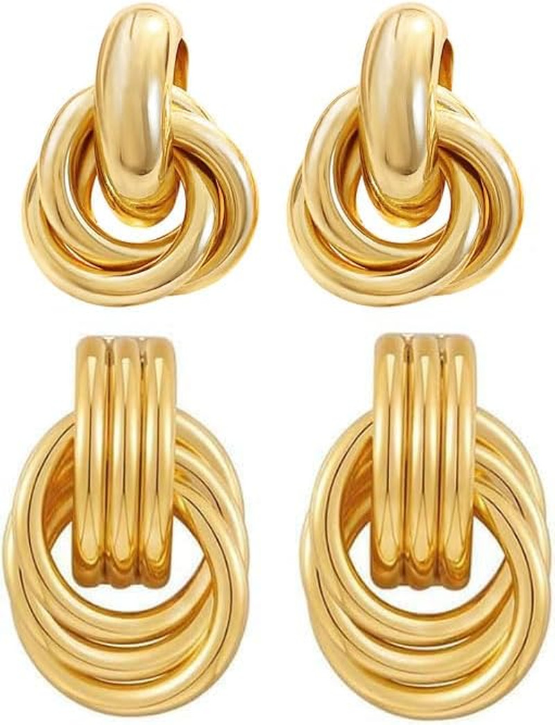 2 Pairs Gold Knot Earrings Chunky Statement Earrings Geometric Drop Dangle Earri