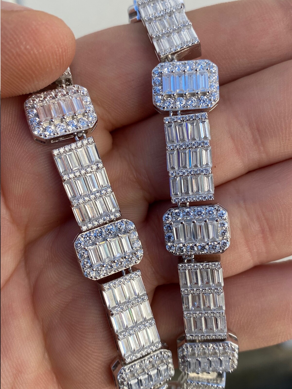 Real 925 Sterling Silver Baguette Link Chain CZ 13mm Men’s Necklace Bust Down